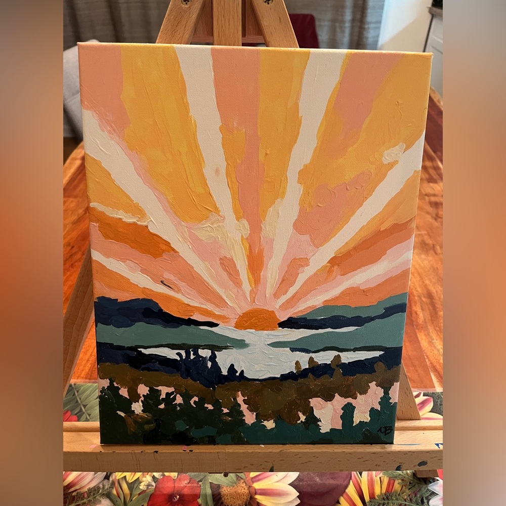 New hand painted by me acrylic on canvas painting forest sunset